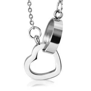 Stainless Steel Interlocking Open Cut-Out Love Heart Promise Ring Charm Link Chain Necklace Pendant