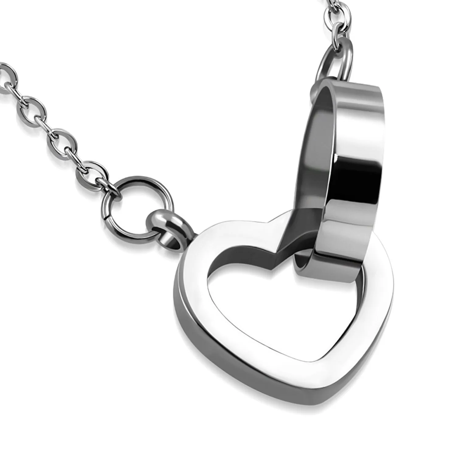 Stainless Steel Interlocking Open Cut-Out Love Heart Promise Ring Charm Link Chain Necklace Pendant