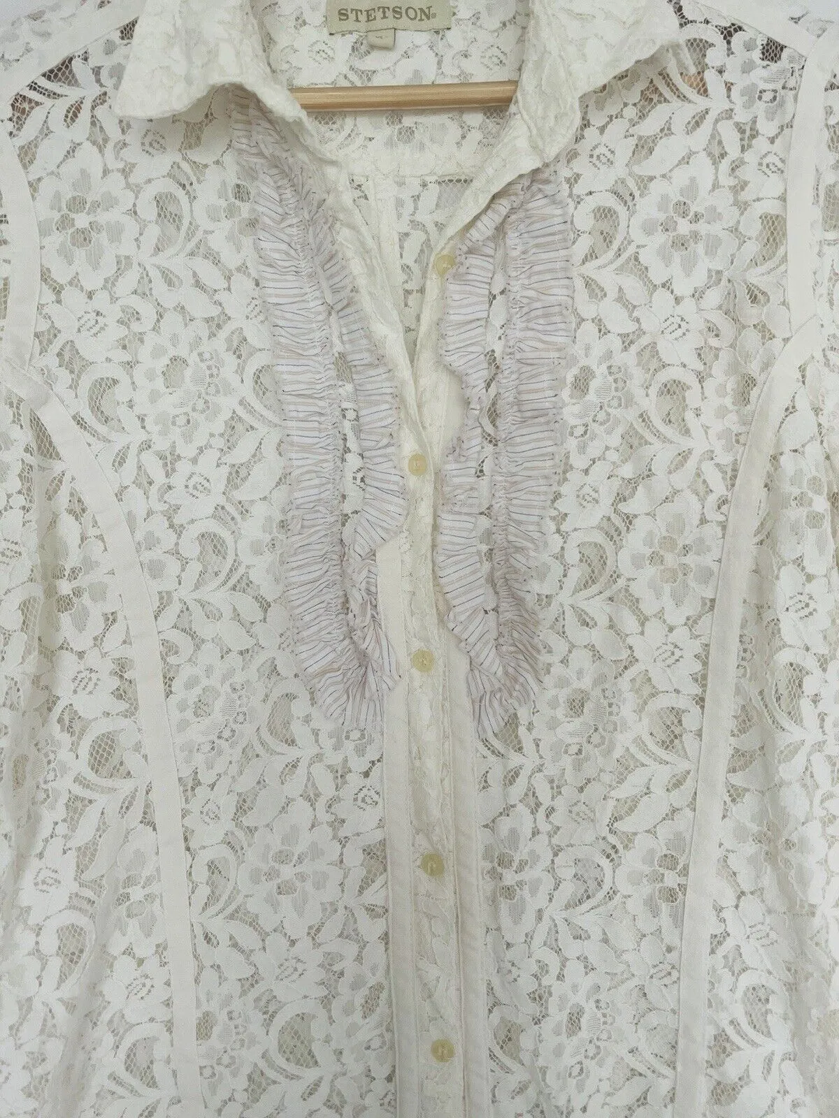 STETSON Ruffle Lace Shirt Sz XL Ivory Button Floral Long Sleeve Boho Western