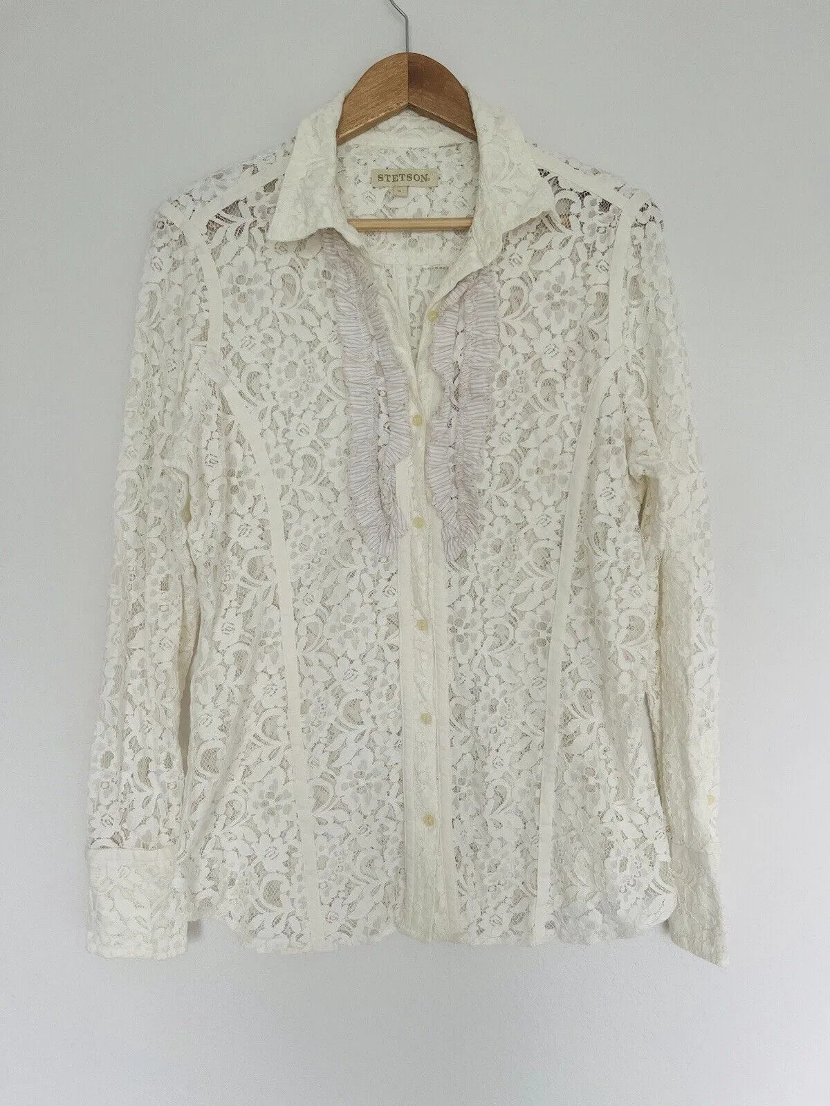 STETSON Ruffle Lace Shirt Sz XL Ivory Button Floral Long Sleeve Boho Western