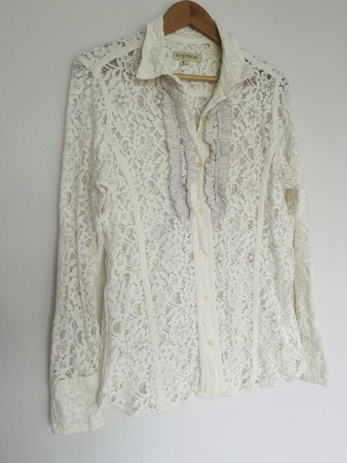 STETSON Ruffle Lace Shirt Sz XL Ivory Button Floral Long Sleeve Boho Western