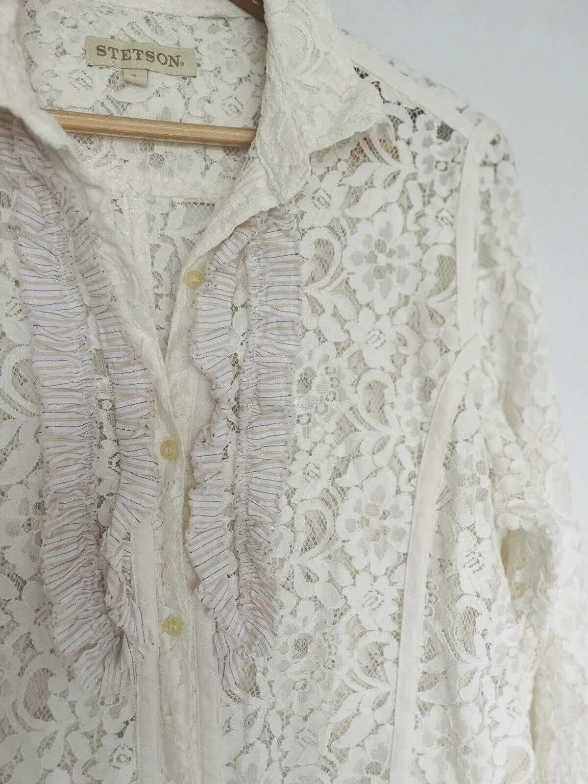 STETSON Ruffle Lace Shirt Sz XL Ivory Button Floral Long Sleeve Boho Western
