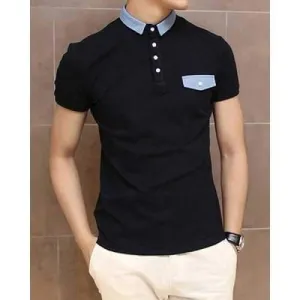 Stylish Turndown Collar Slimming Color Block Denim Splicing Short Sleeve Polyester Polo T-Shirt For Men - Black L