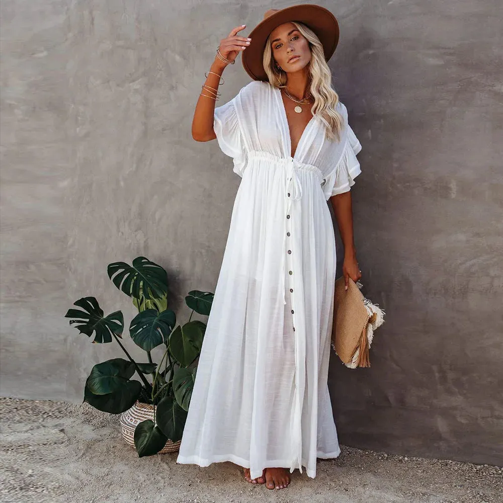 Summer Boho White Tunic Swimwear Cover-Up Dress