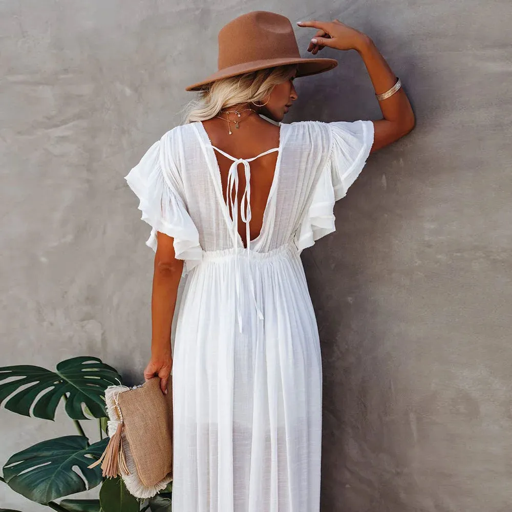 Summer Boho White Tunic Swimwear Cover-Up Dress