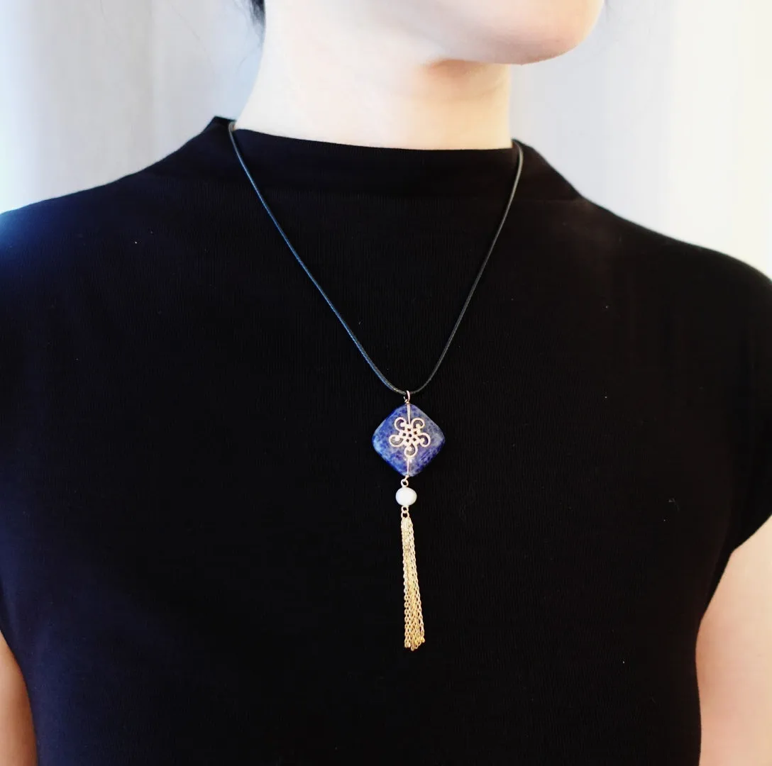 Tassel Lapis Leather Necklace