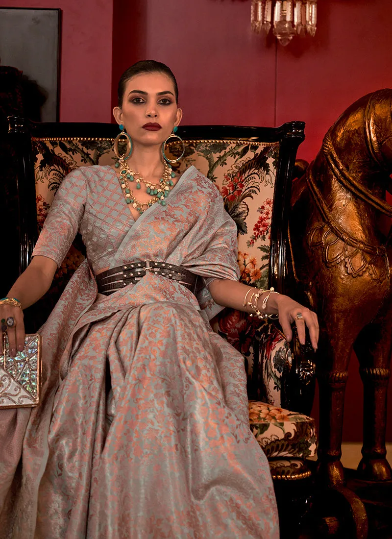 Teal Blue Weaved Handloom Kalkatti Silk Saree