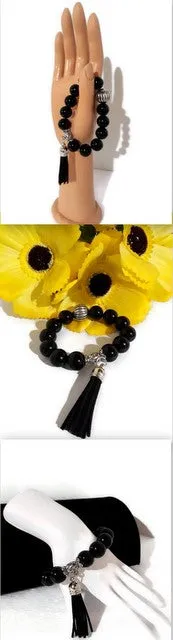 The black night tulip bracelet, stretch bracelet, jet black polish glass beads, handmade bracelet,