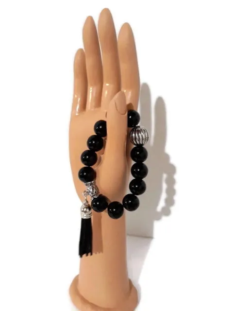 The black night tulip bracelet, stretch bracelet, jet black polish glass beads, handmade bracelet,