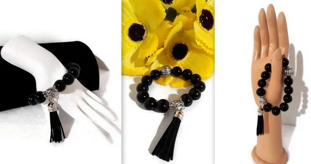 The black night tulip bracelet, stretch bracelet, jet black polish glass beads, handmade bracelet,