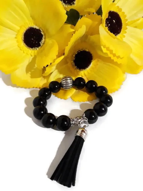 The black night tulip bracelet, stretch bracelet, jet black polish glass beads, handmade bracelet,