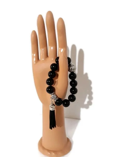 The black night tulip bracelet, stretch bracelet, jet black polish glass beads, handmade bracelet,
