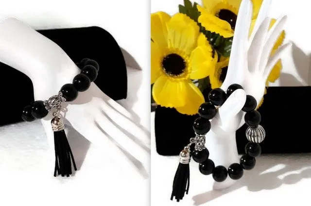 The black night tulip bracelet, stretch bracelet, jet black polish glass beads, handmade bracelet,