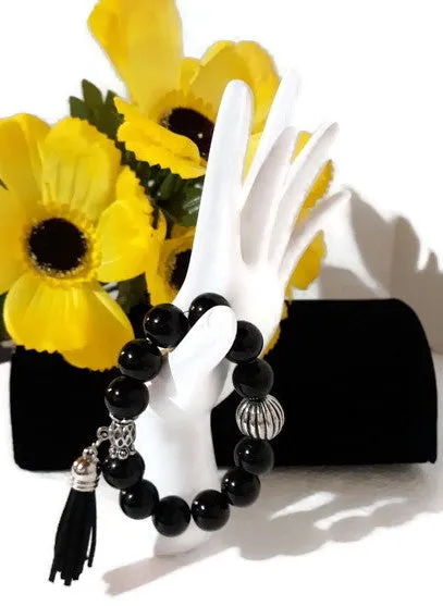 The black night tulip bracelet, stretch bracelet, jet black polish glass beads, handmade bracelet,