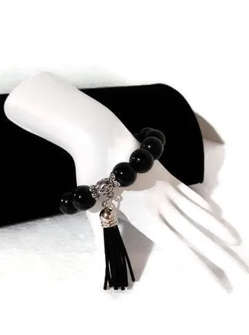 The black night tulip bracelet, stretch bracelet, jet black polish glass beads, handmade bracelet,