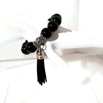 The black night tulip bracelet, stretch bracelet, jet black polish glass beads, handmade bracelet,