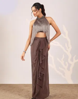 Trendy Brown Tassel Work Blouse Drape Set Contemporary Ethnic Statement