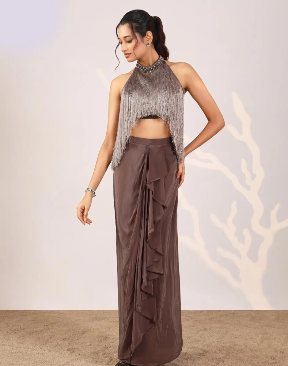 Trendy Brown Tassel Work Blouse Drape Set Contemporary Ethnic Statement
