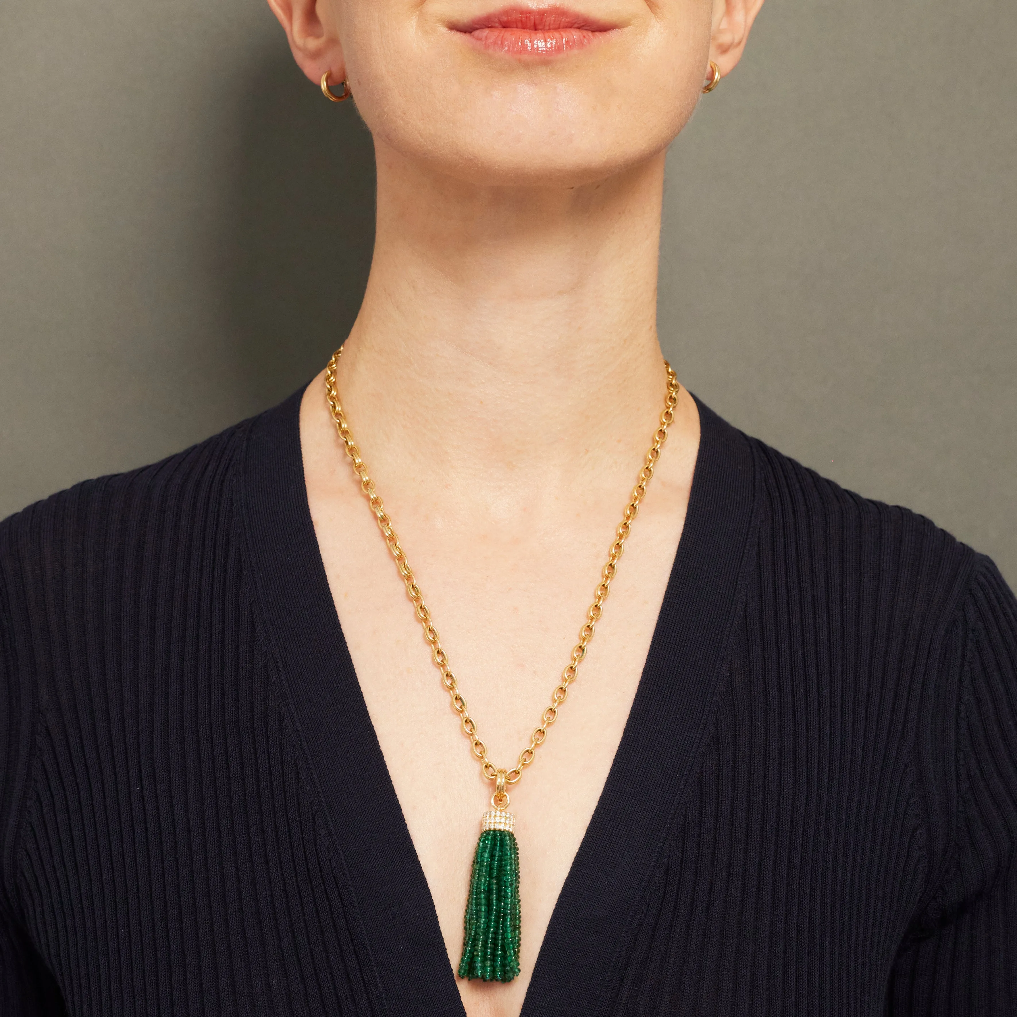 Triple Diamond Tassel Emerald Rondelles Pendant, 18K Yellow Gold
