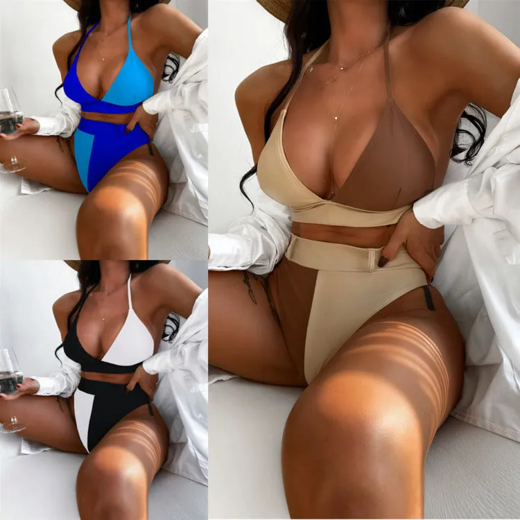 Two Pieces Swimsuit Sexy Solid Color Bikini Halter Lace