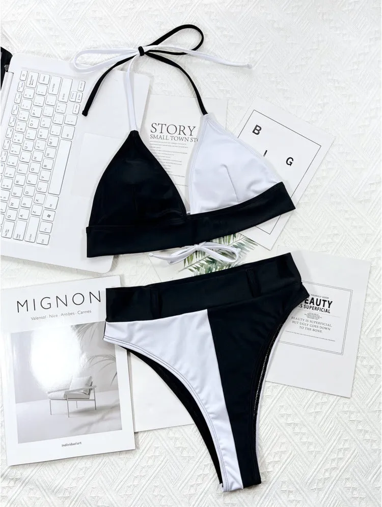 Two Pieces Swimsuit Sexy Solid Color Bikini Halter Lace
