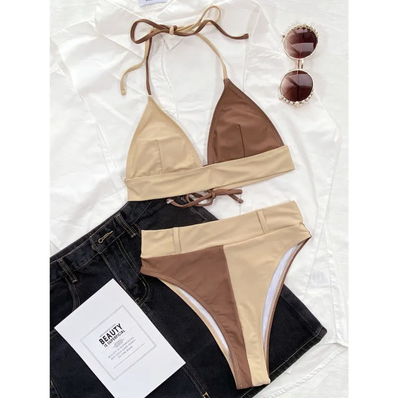 Two Pieces Swimsuit Sexy Solid Color Bikini Halter Lace