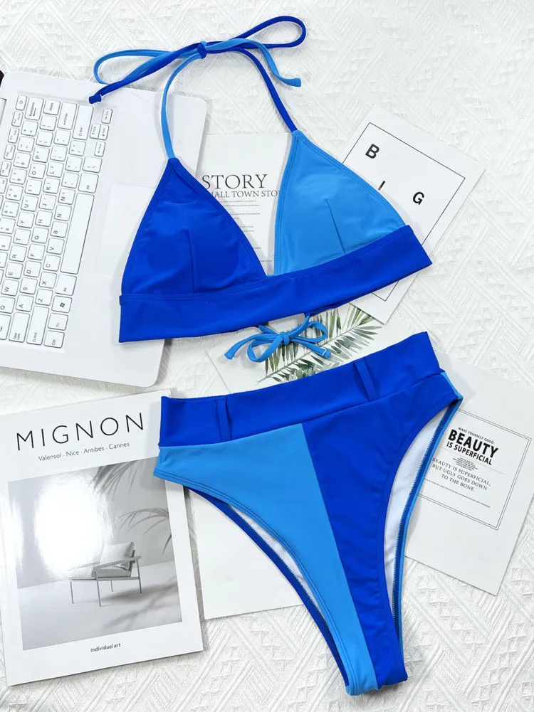 Two Pieces Swimsuit Sexy Solid Color Bikini Halter Lace