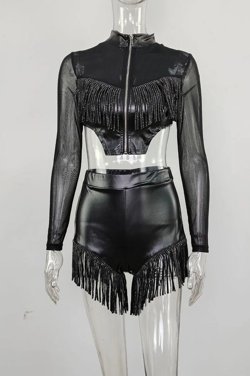 UK700 Tassel Faux Leather Zip Top and Shorts Set