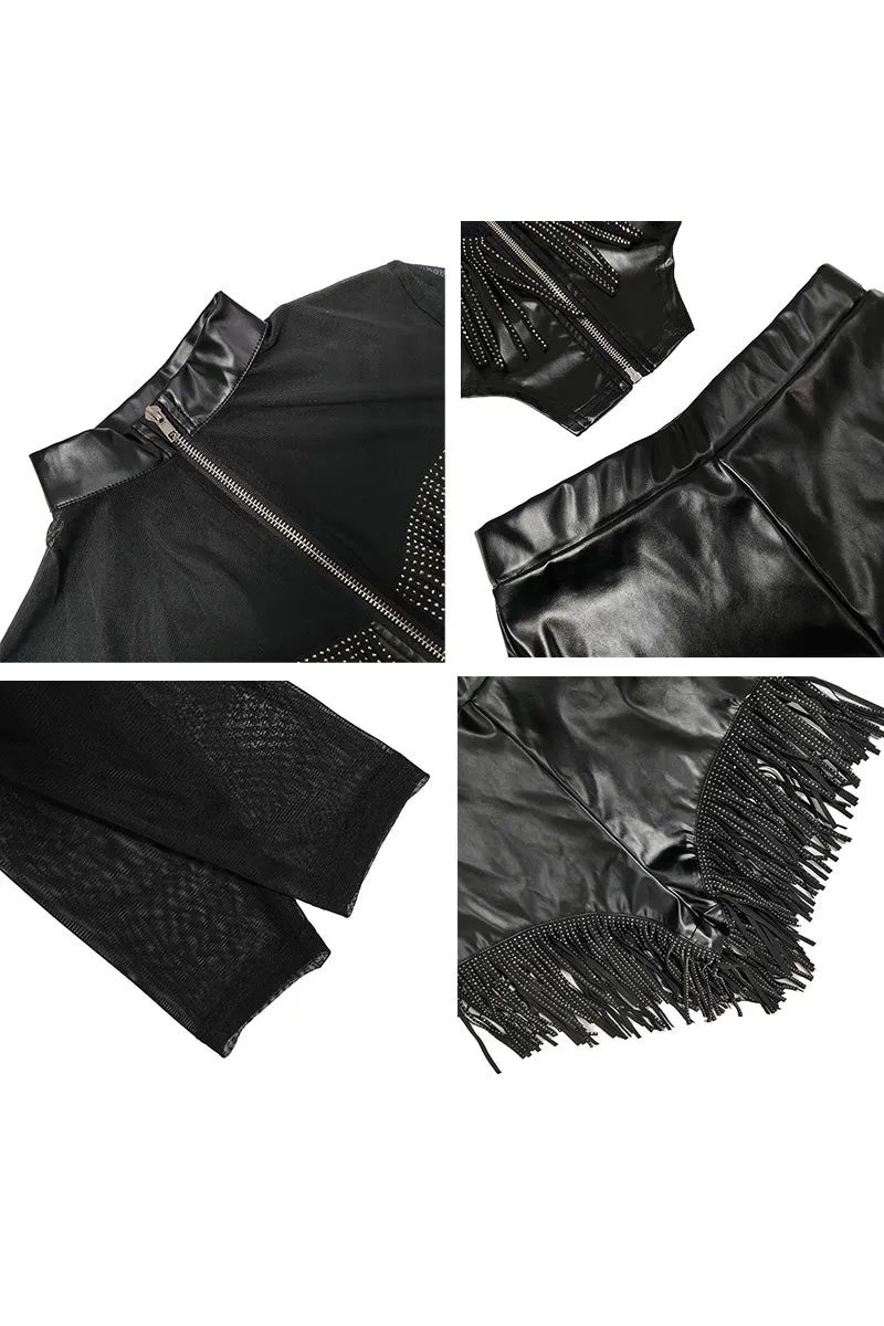 UK700 Tassel Faux Leather Zip Top and Shorts Set