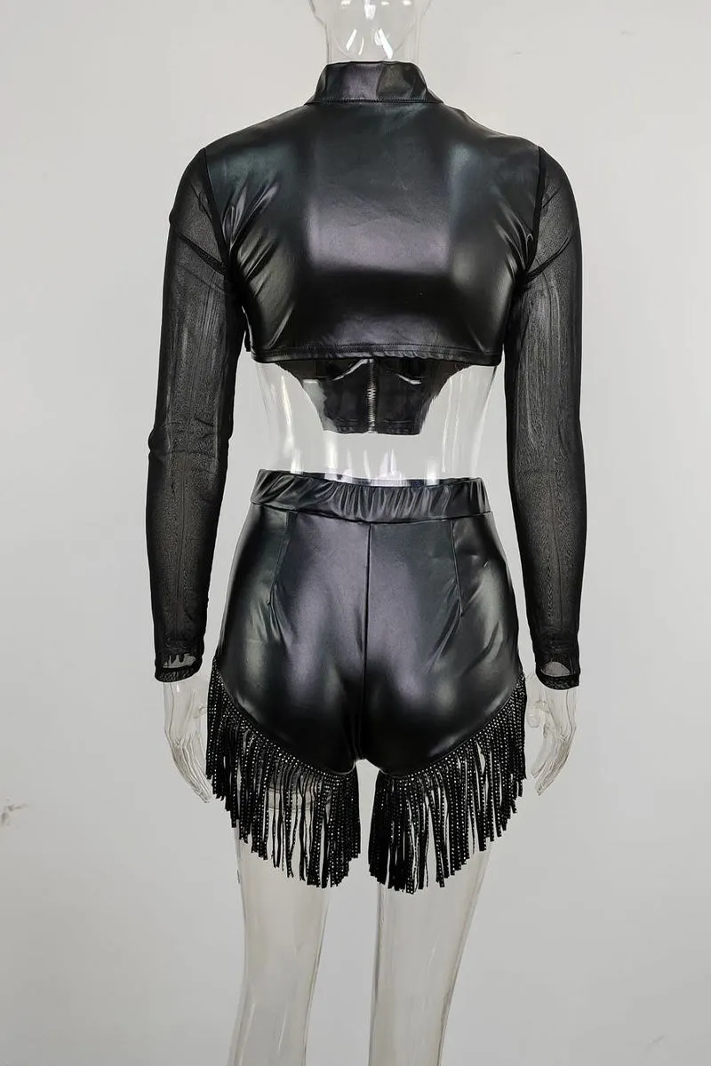 UK700 Tassel Faux Leather Zip Top and Shorts Set