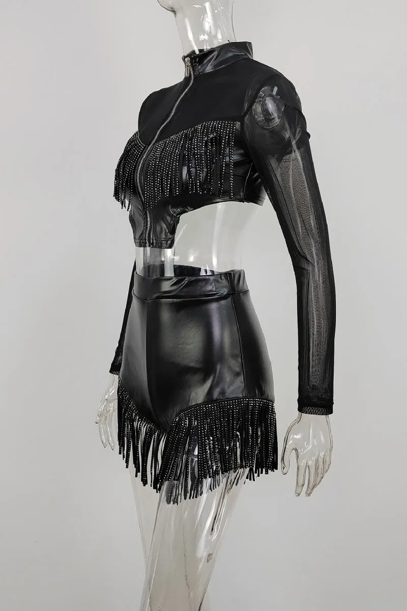 UK700 Tassel Faux Leather Zip Top and Shorts Set
