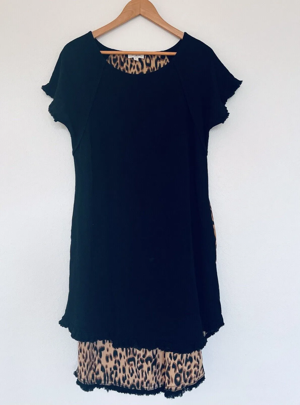 UMGEE Black Dress Leopard Animal Print Sz S Linen Boho Western Fringe Edge