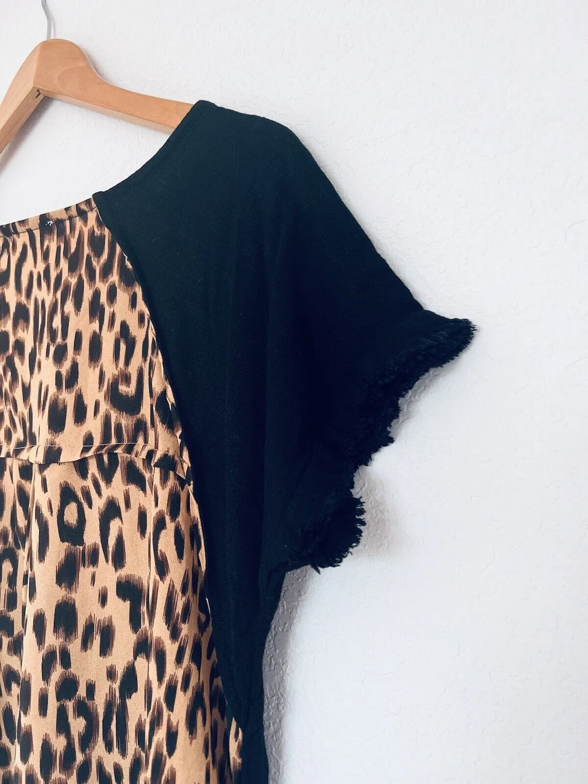 UMGEE Black Dress Leopard Animal Print Sz S Linen Boho Western Fringe Edge