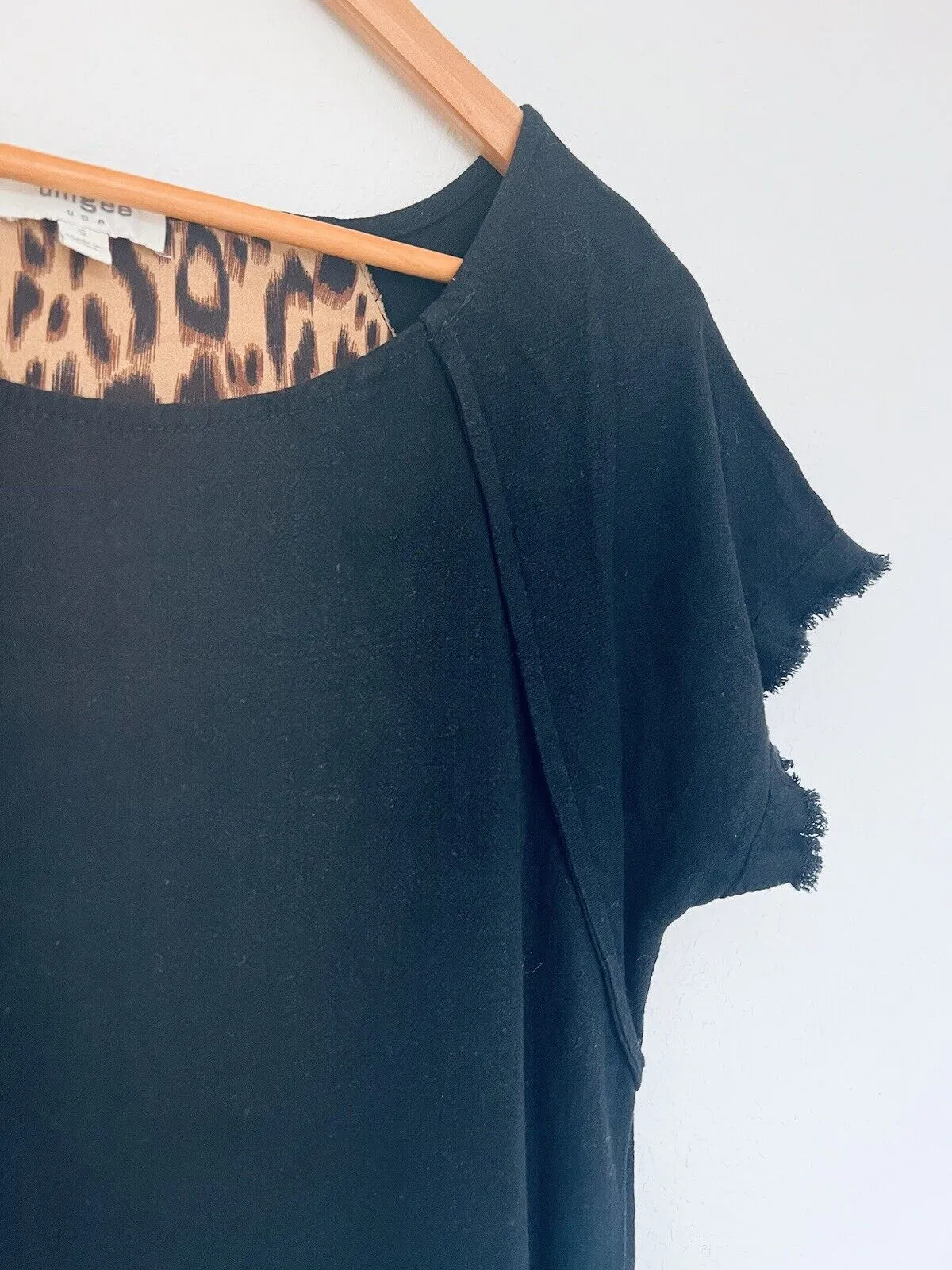UMGEE Black Dress Leopard Animal Print Sz S Linen Boho Western Fringe Edge