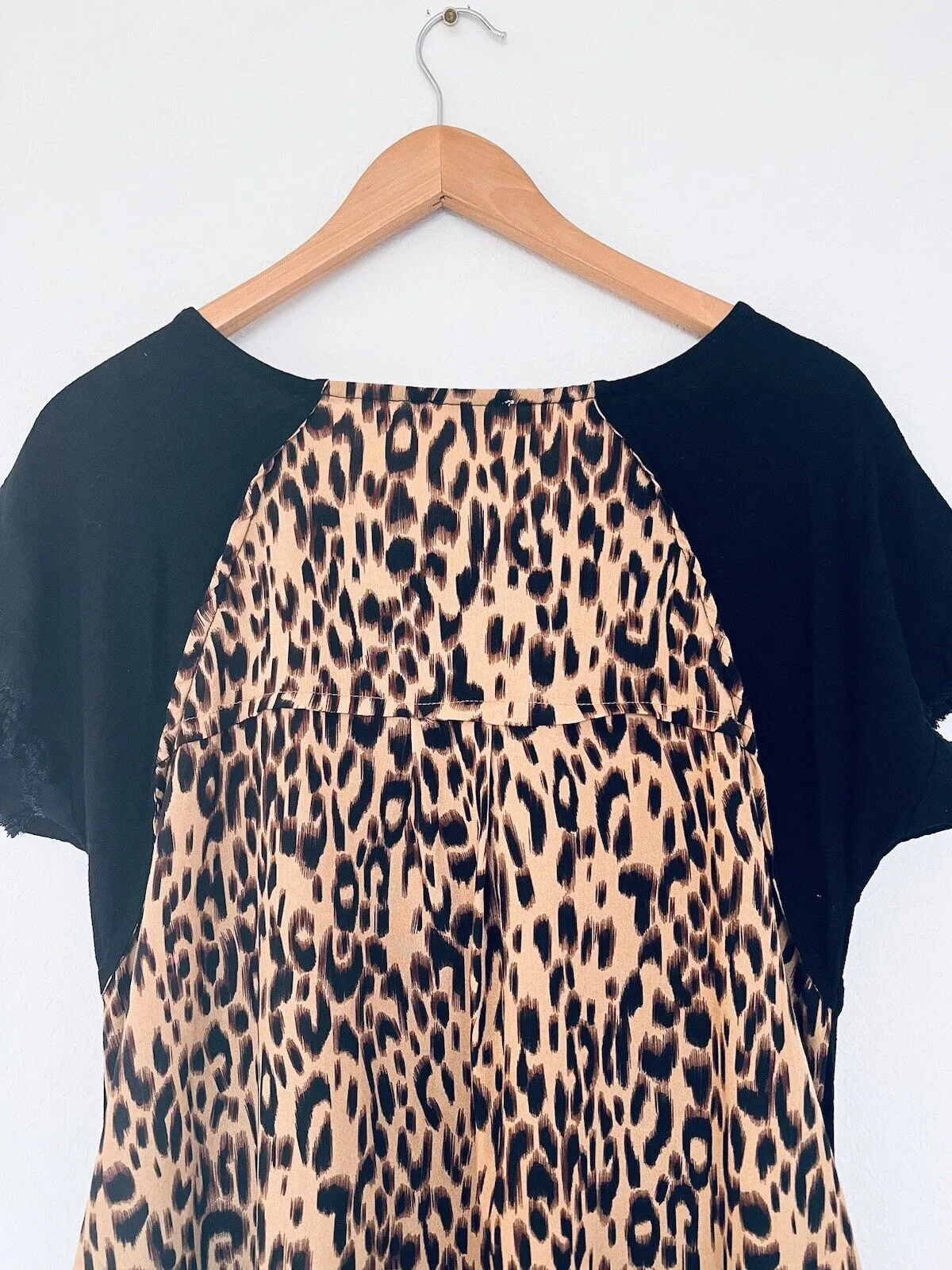 UMGEE Black Dress Leopard Animal Print Sz S Linen Boho Western Fringe Edge