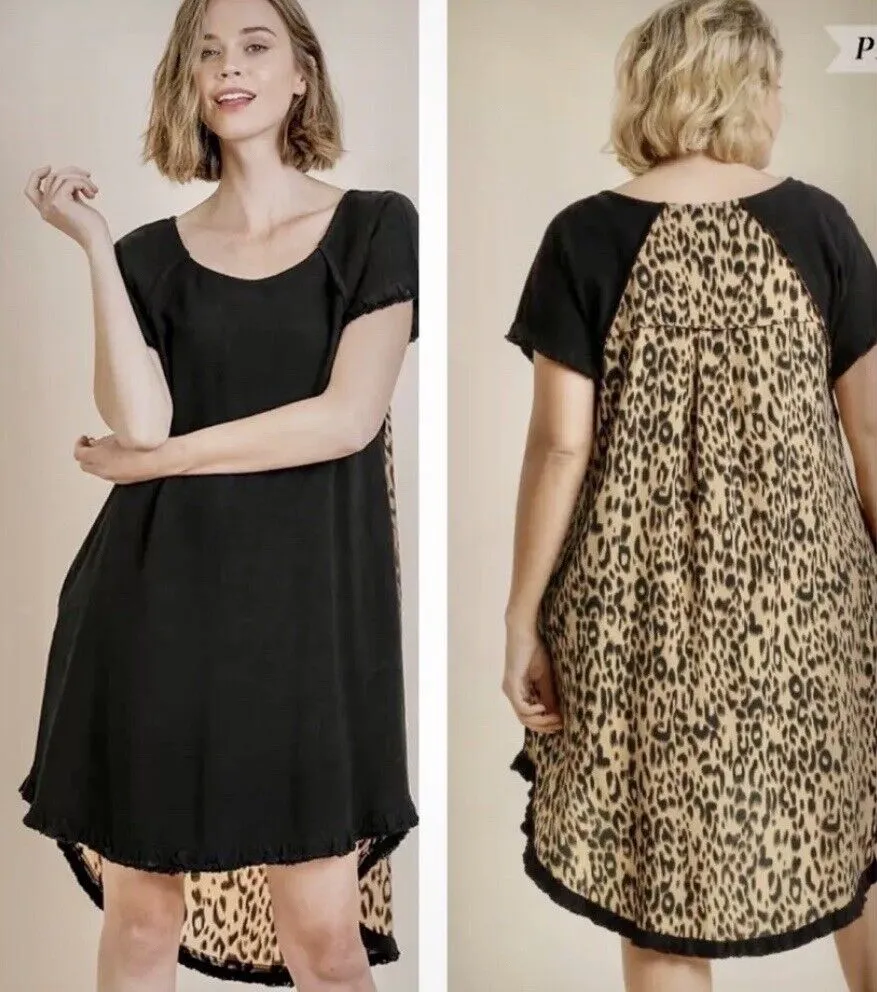 UMGEE Black Dress Leopard Animal Print Sz S Linen Boho Western Fringe Edge