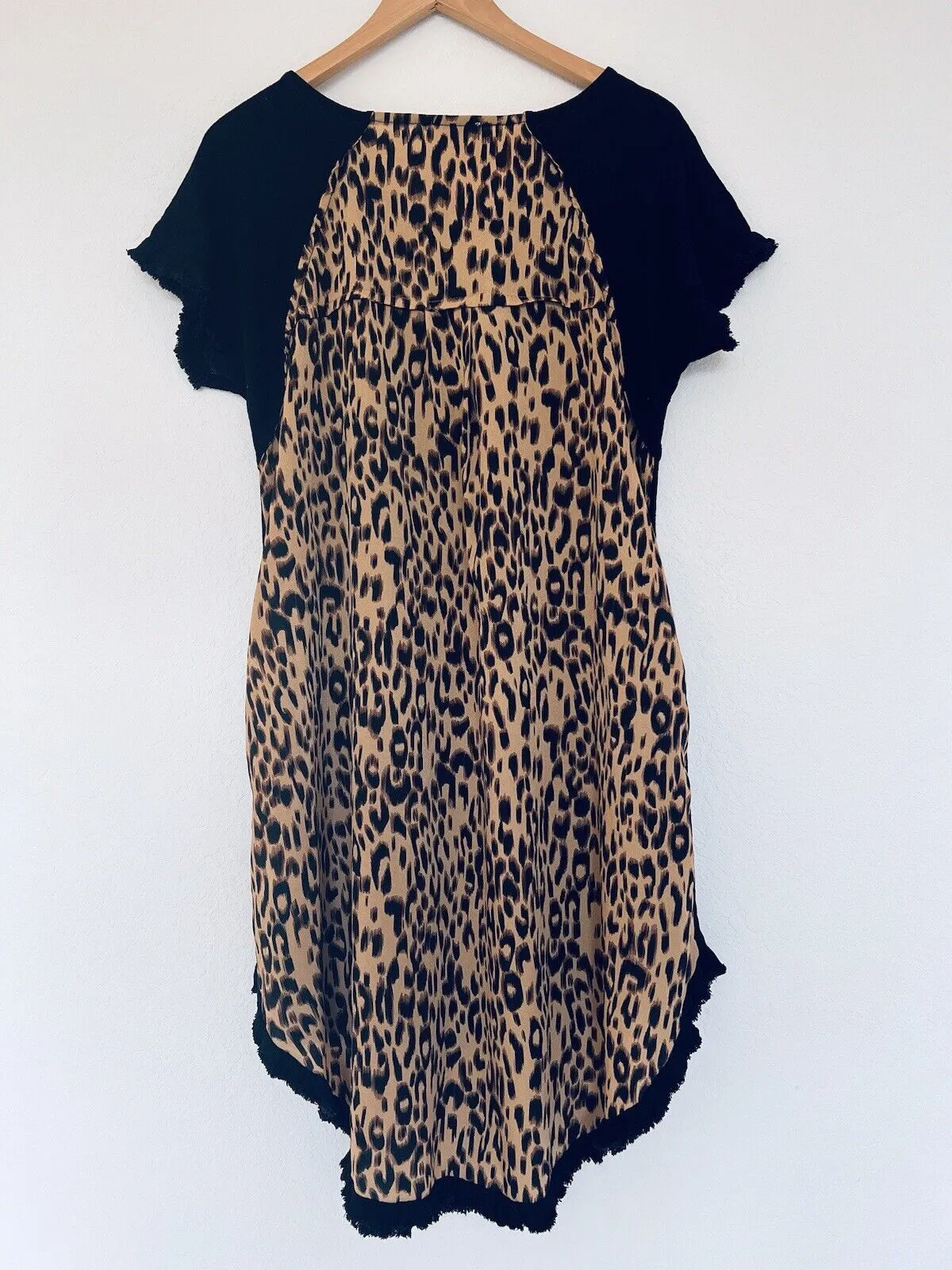 UMGEE Black Dress Leopard Animal Print Sz S Linen Boho Western Fringe Edge