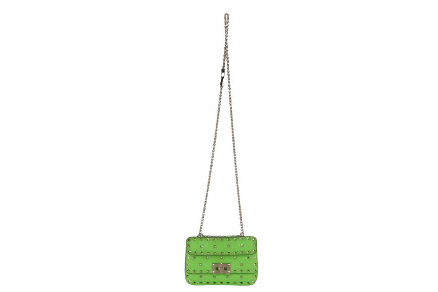 VALENTINO GARAVANI ROCKSTUD SPIKE MINI GREEN CALFSKIN CHAIN BAG SILVER HARDWARE NO DUST COVER