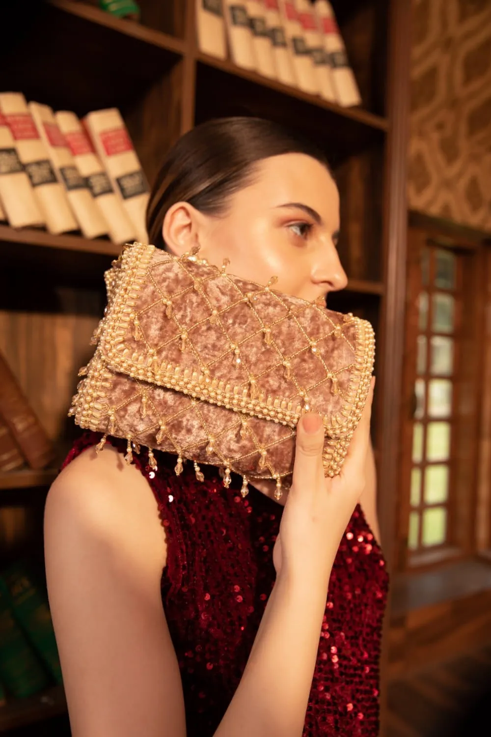 Velvet Flap Handbag With Crystal Tassel & Bead Embellishments