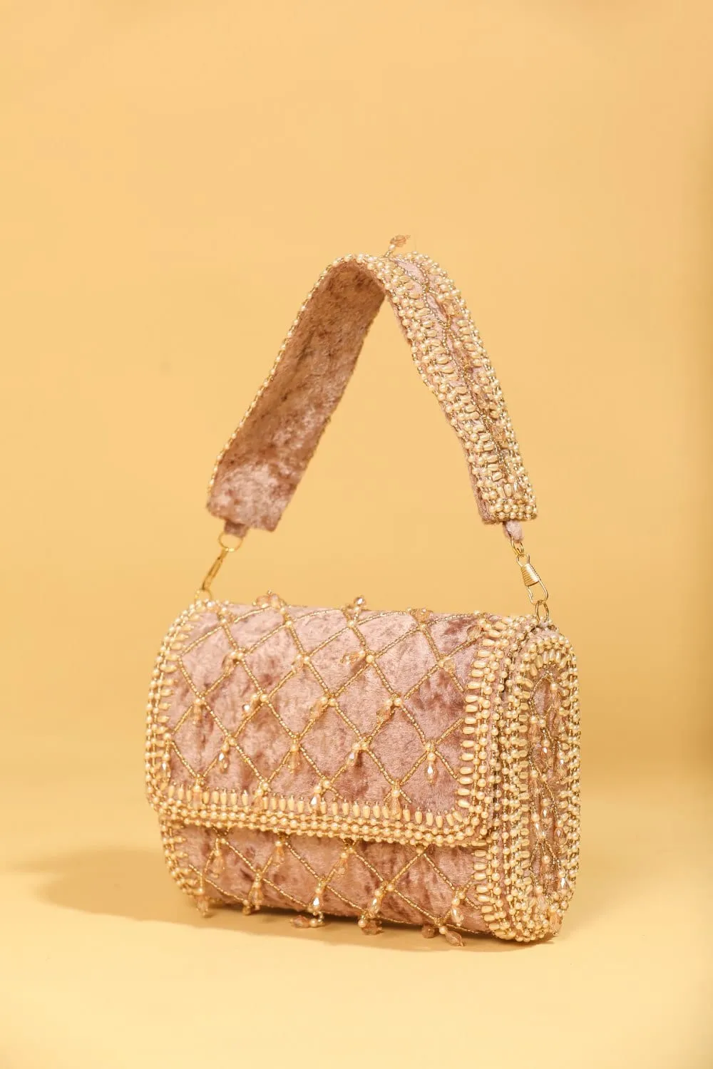 Velvet Flap Handbag With Crystal Tassel & Bead Embellishments