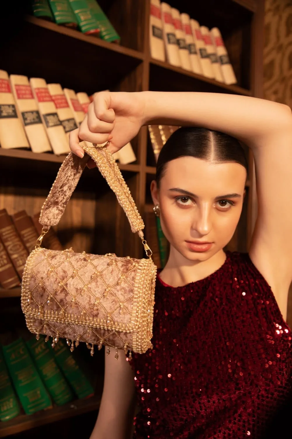 Velvet Flap Handbag With Crystal Tassel & Bead Embellishments