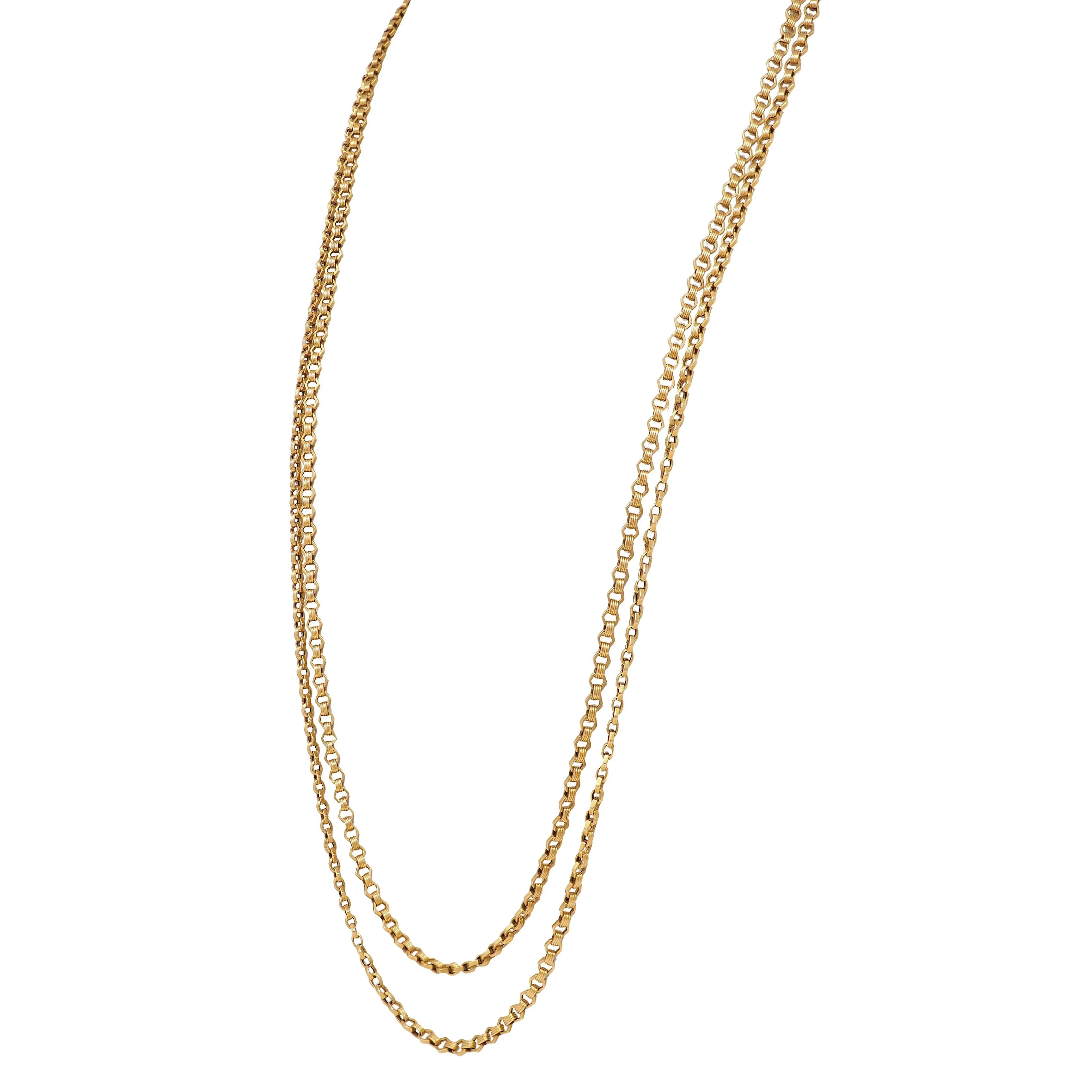 Victorian 18 Karat Yellow Gold Fancy Hexagonal Link 69 IN Long Antique Chain Necklace