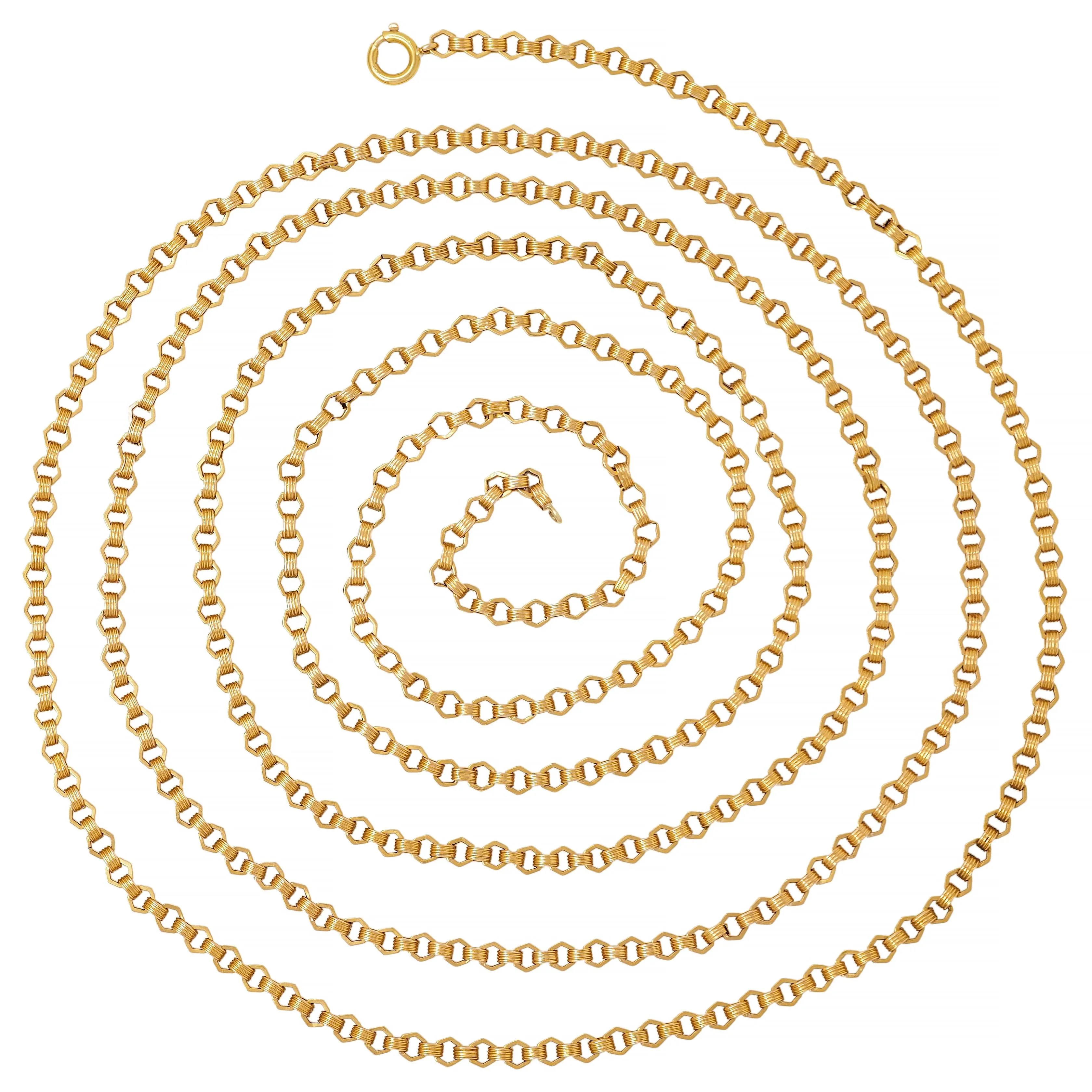 Victorian 18 Karat Yellow Gold Fancy Hexagonal Link 69 IN Long Antique Chain Necklace
