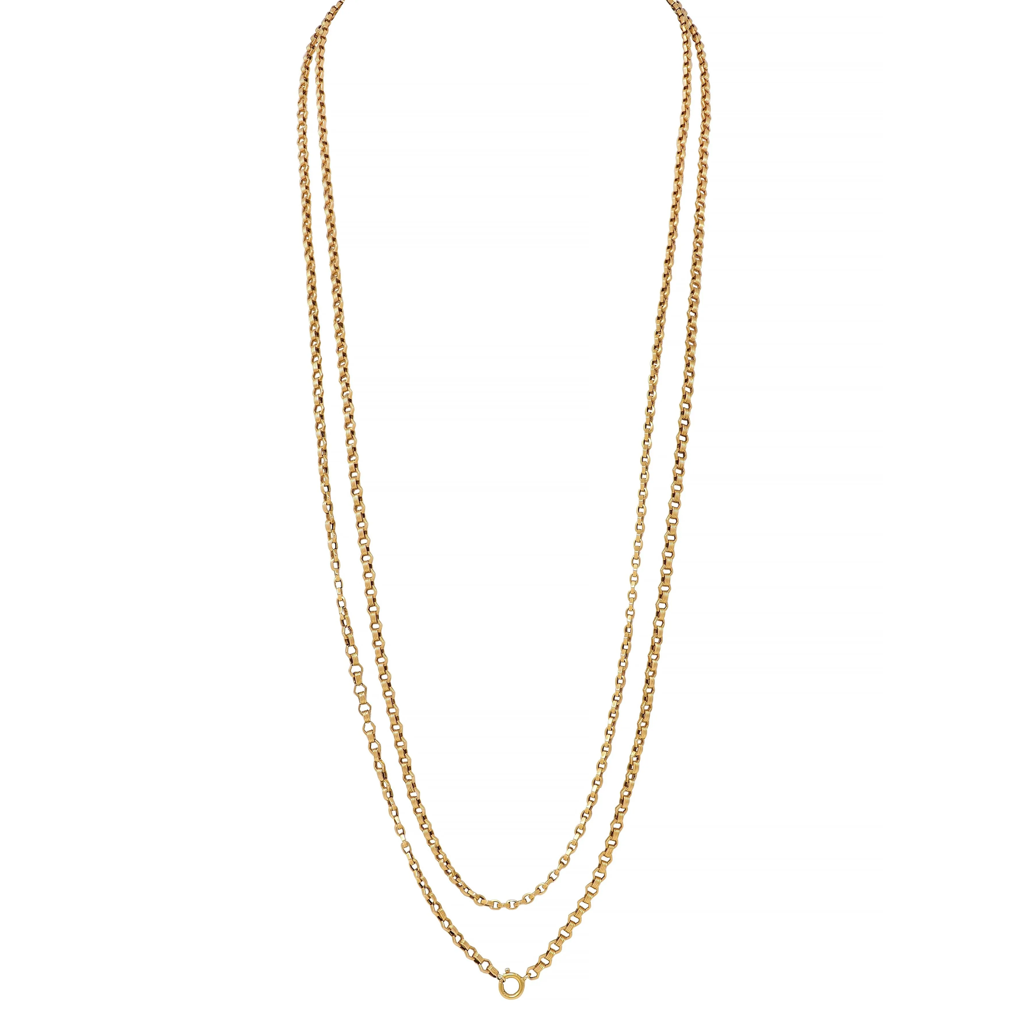 Victorian 18 Karat Yellow Gold Fancy Hexagonal Link 69 IN Long Antique Chain Necklace