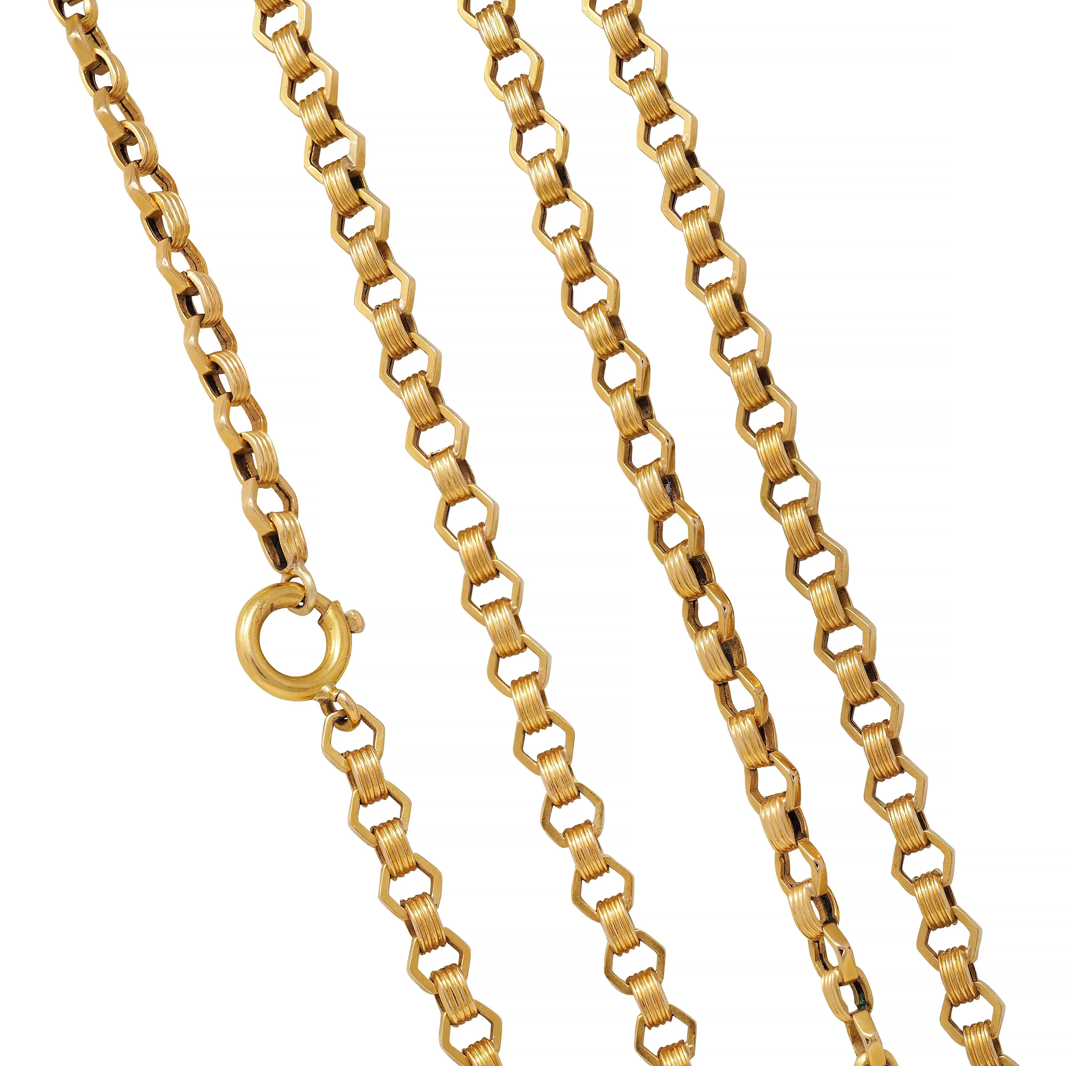 Victorian 18 Karat Yellow Gold Fancy Hexagonal Link 69 IN Long Antique Chain Necklace