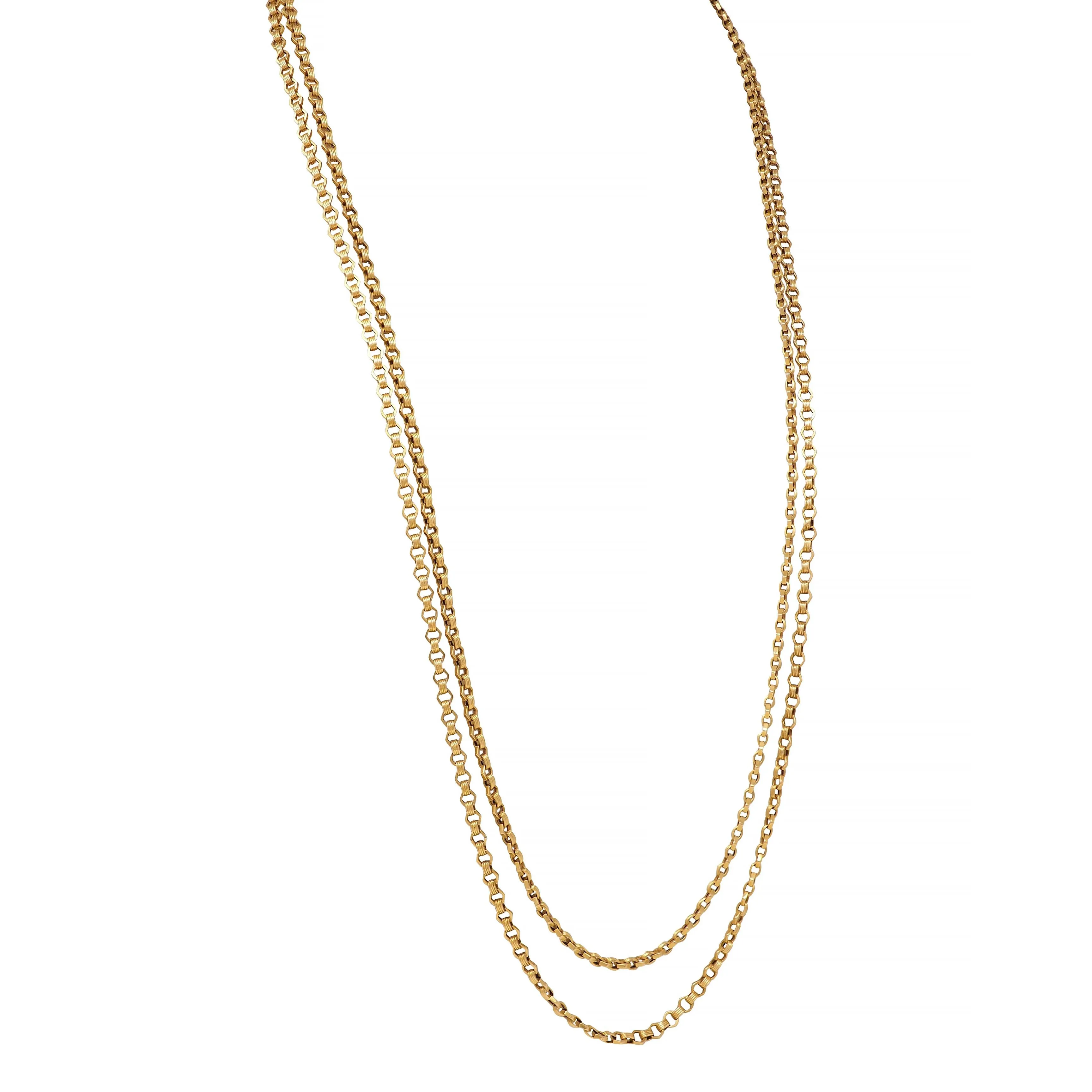 Victorian 18 Karat Yellow Gold Fancy Hexagonal Link 69 IN Long Antique Chain Necklace
