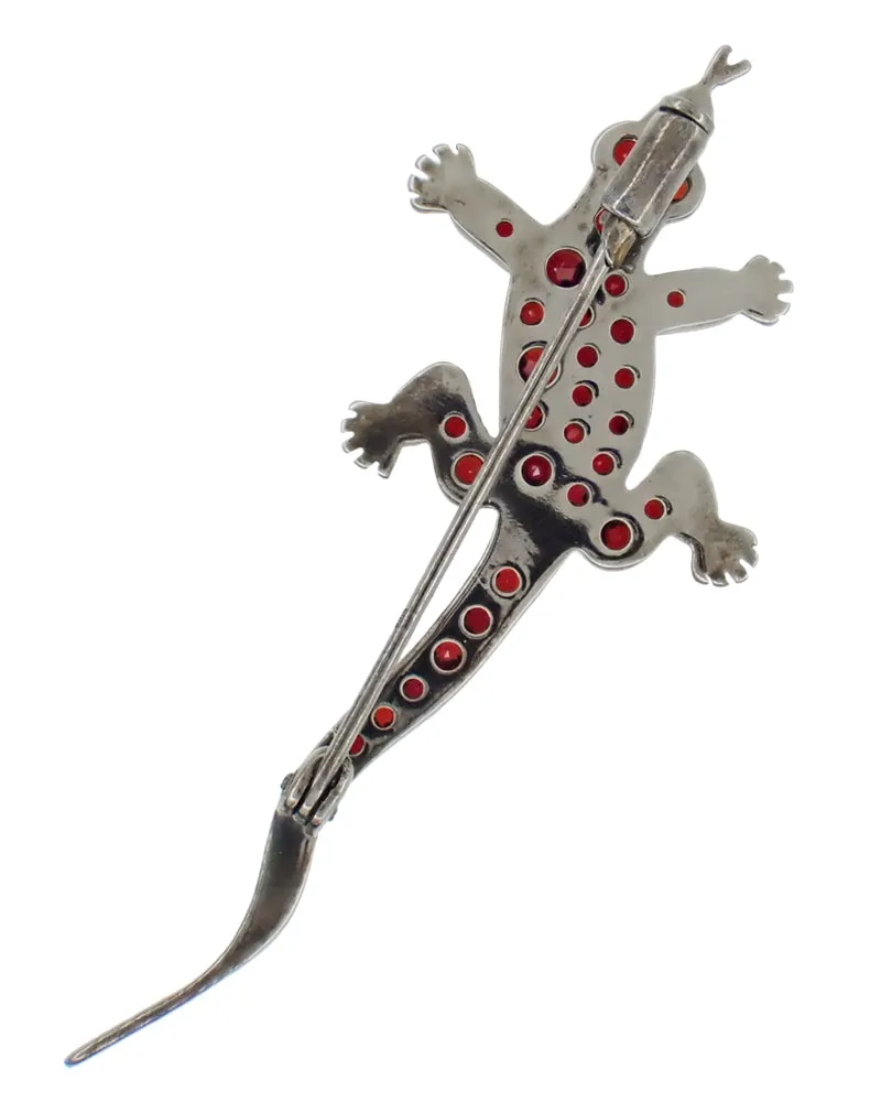 Victorian Bohemian Garnet Lizard Brooch in Antiqued Sterling Silver