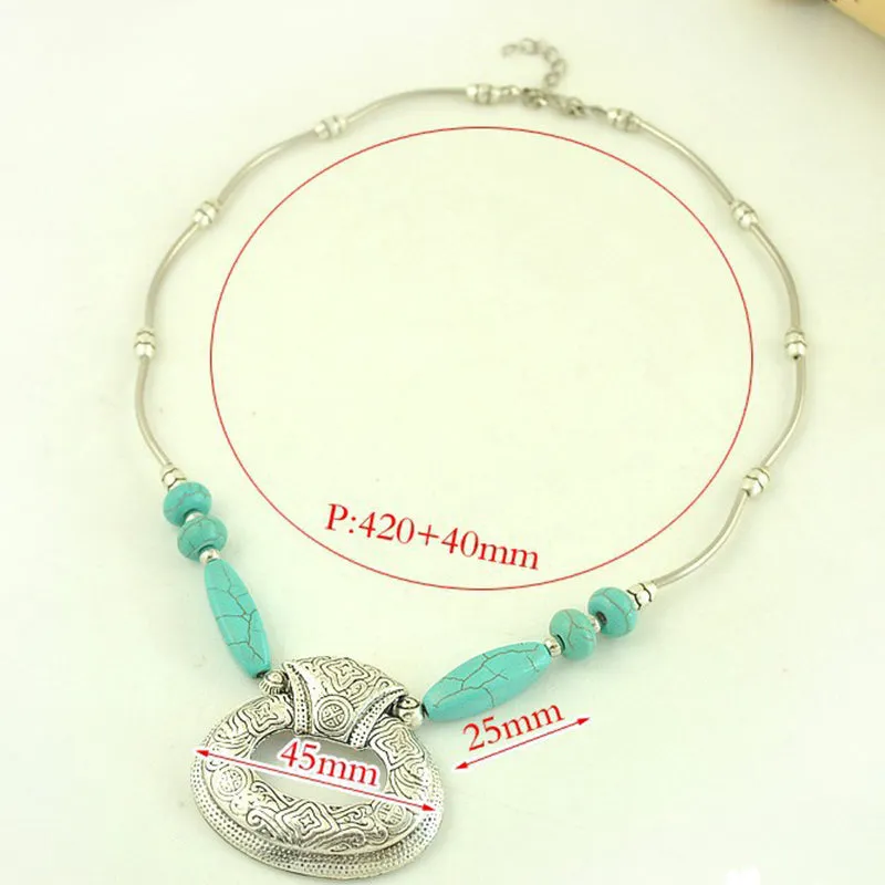 Vintage Turquoise Necklace Bohemian Pattern Elliptical Pendant Necklace