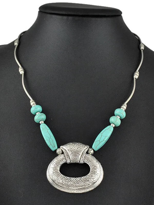 Vintage Turquoise Necklace Bohemian Pattern Elliptical Pendant Necklace