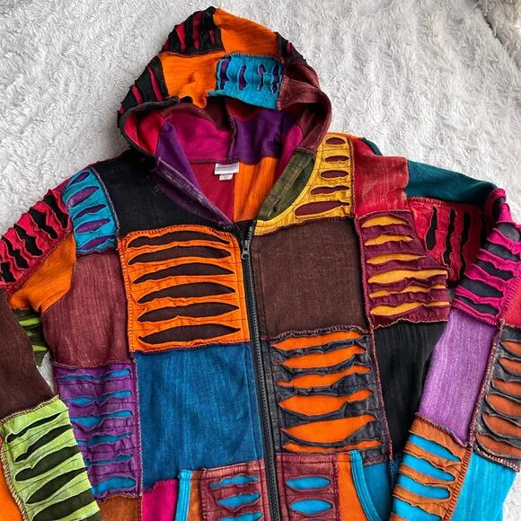 Vintage Y2K patchwork rainbow distressed razor cut hoodie jacket sweater S M